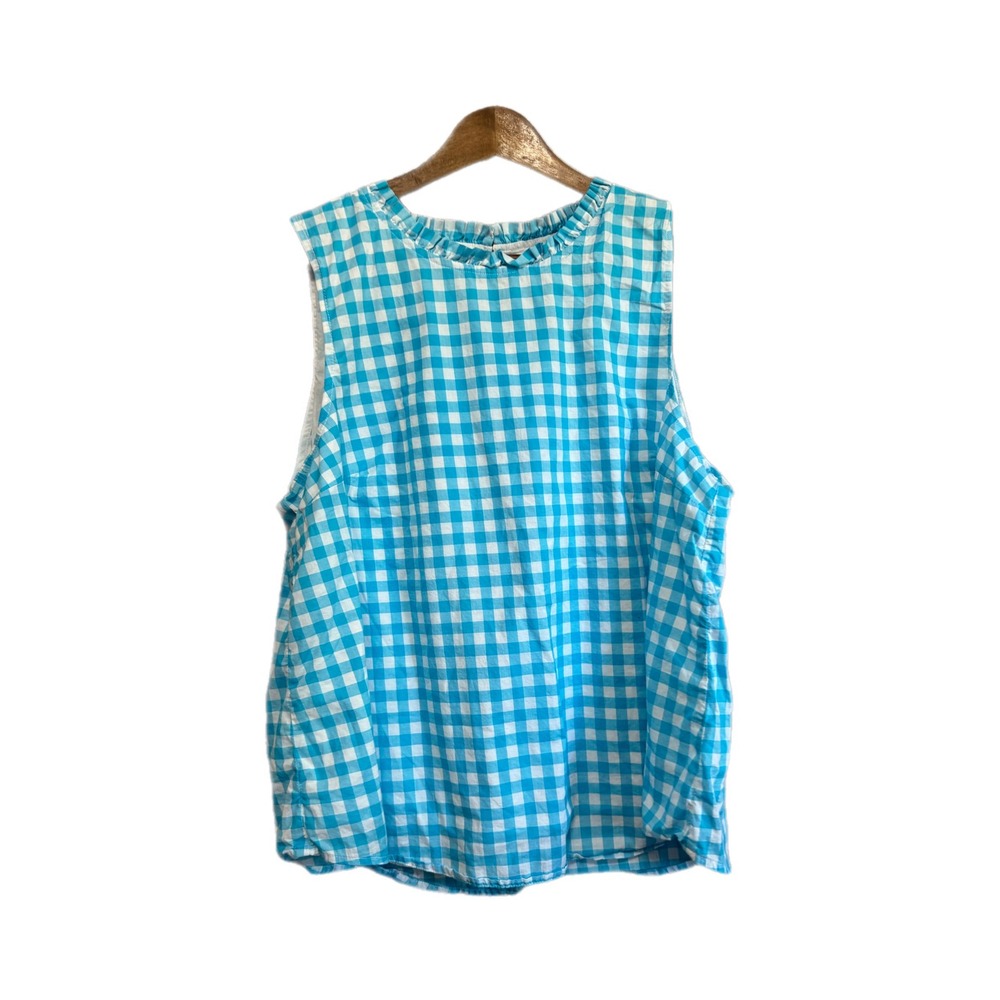 J.Crew Sleeveless Top Womens Large Blue Gingham Excellent Ruffle Neck Cotton